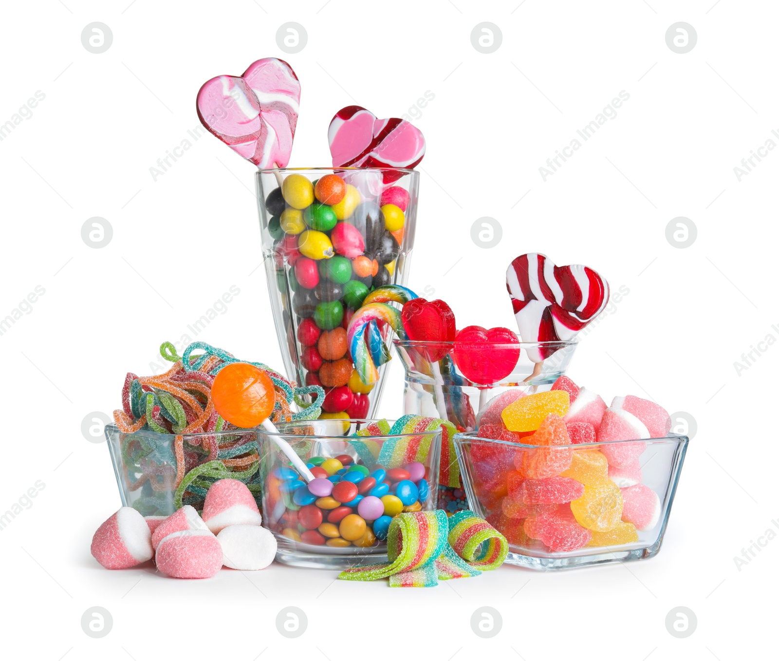 Photo of Candy bar. Many different tasty sweets on white background