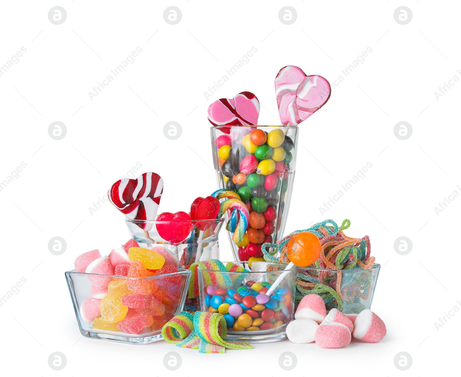 Photo of Candy bar. Many different tasty sweets on white background