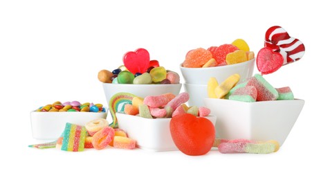 Photo of Candy bar. Many different tasty sweets on white background