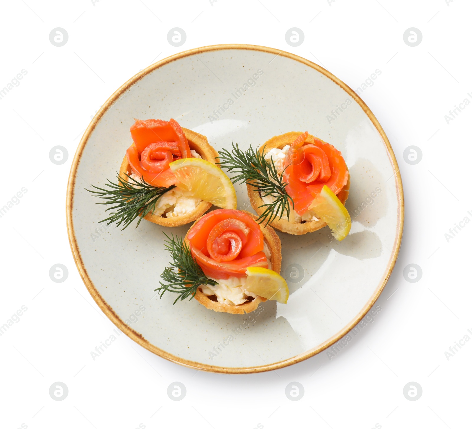 Photo of Tasty tartlets with delicious filling isolated on white, top view