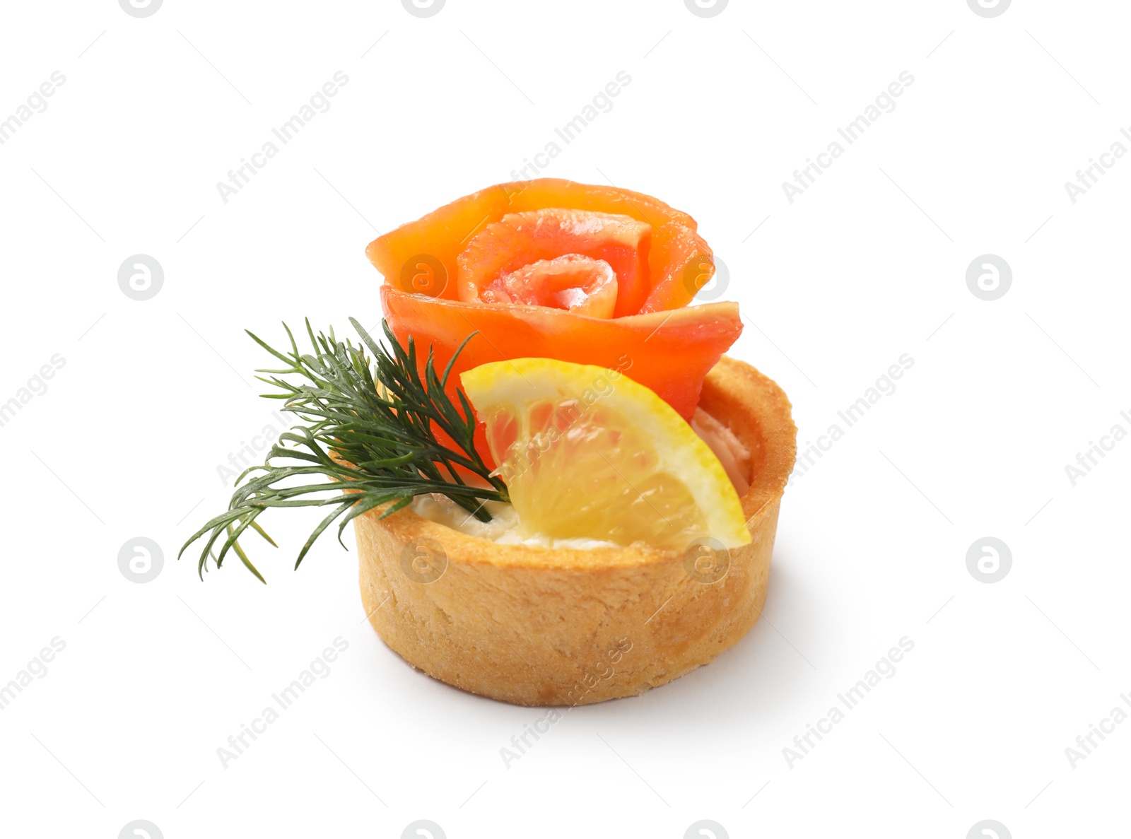 Photo of Tasty tartlet with salmon, lemon and dill isolated on white