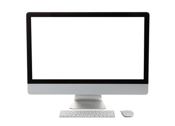 Photo of Computer monitor, keyboard and mouse isolated on white