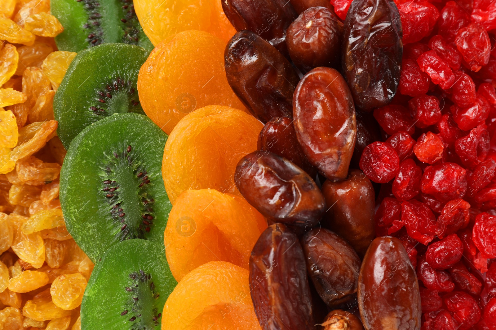 Photo of Different dried fruits as background, top view