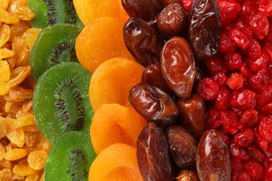 Photo of Different dried fruits as background, top view