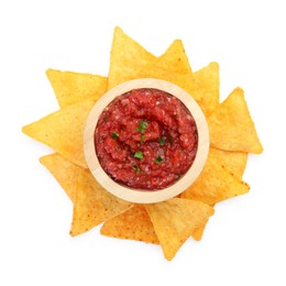 Photo of Spicy salsa sauce in bowl and nachos isolated on white, top view