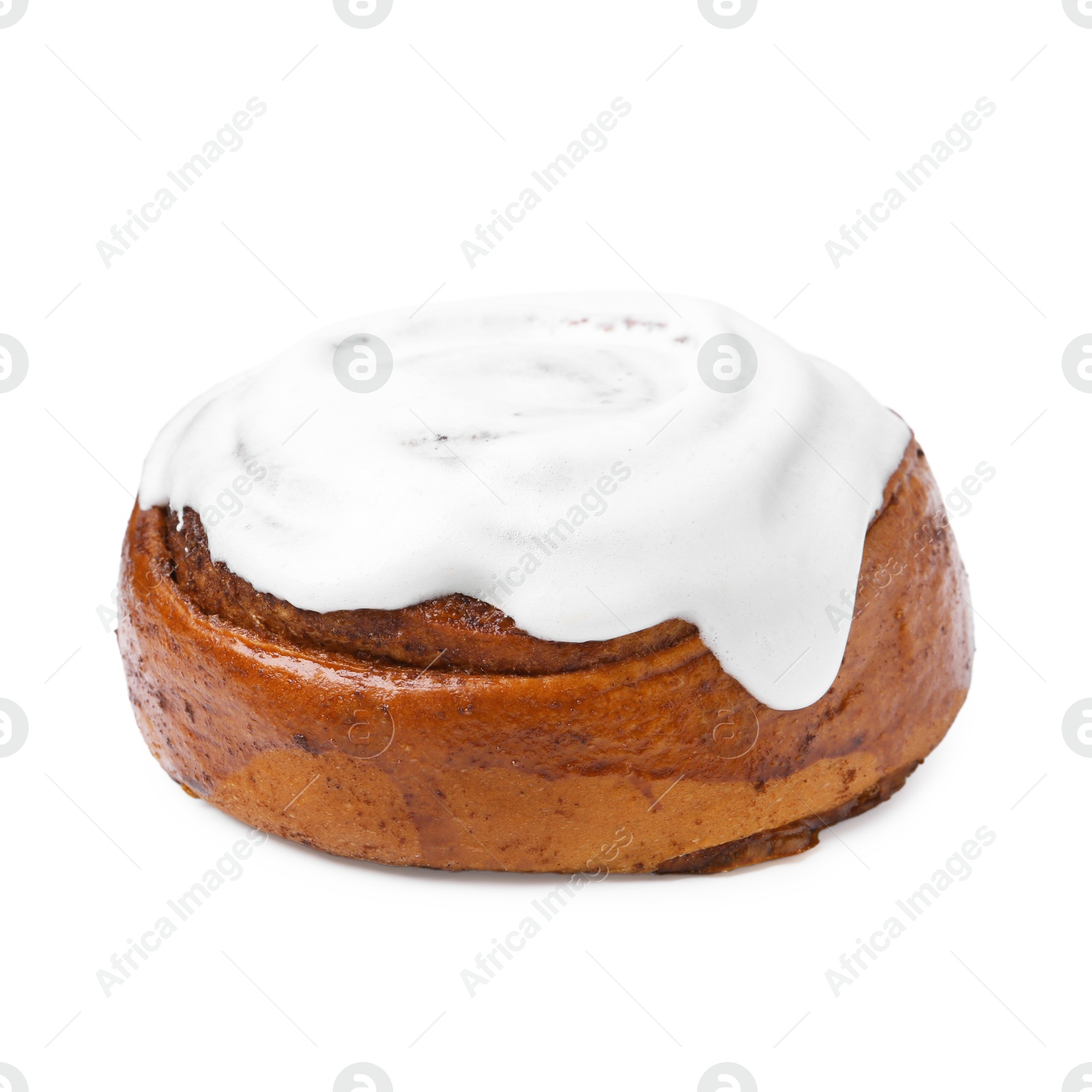 Photo of Tasty cinnamon roll with cream isolated on white