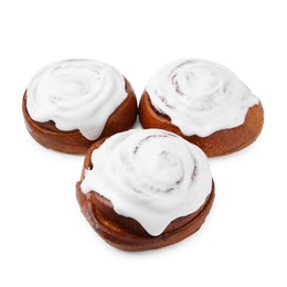 Photo of Tasty cinnamon rolls with cream isolated on white