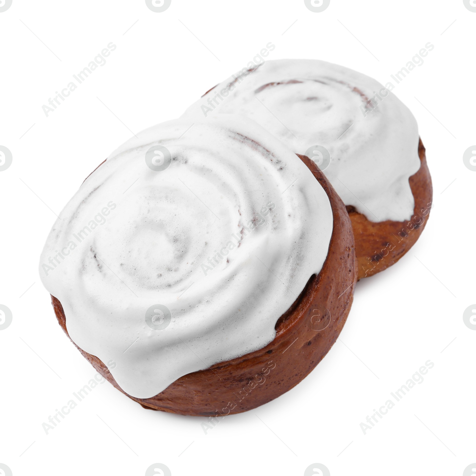 Photo of Tasty cinnamon rolls with cream isolated on white