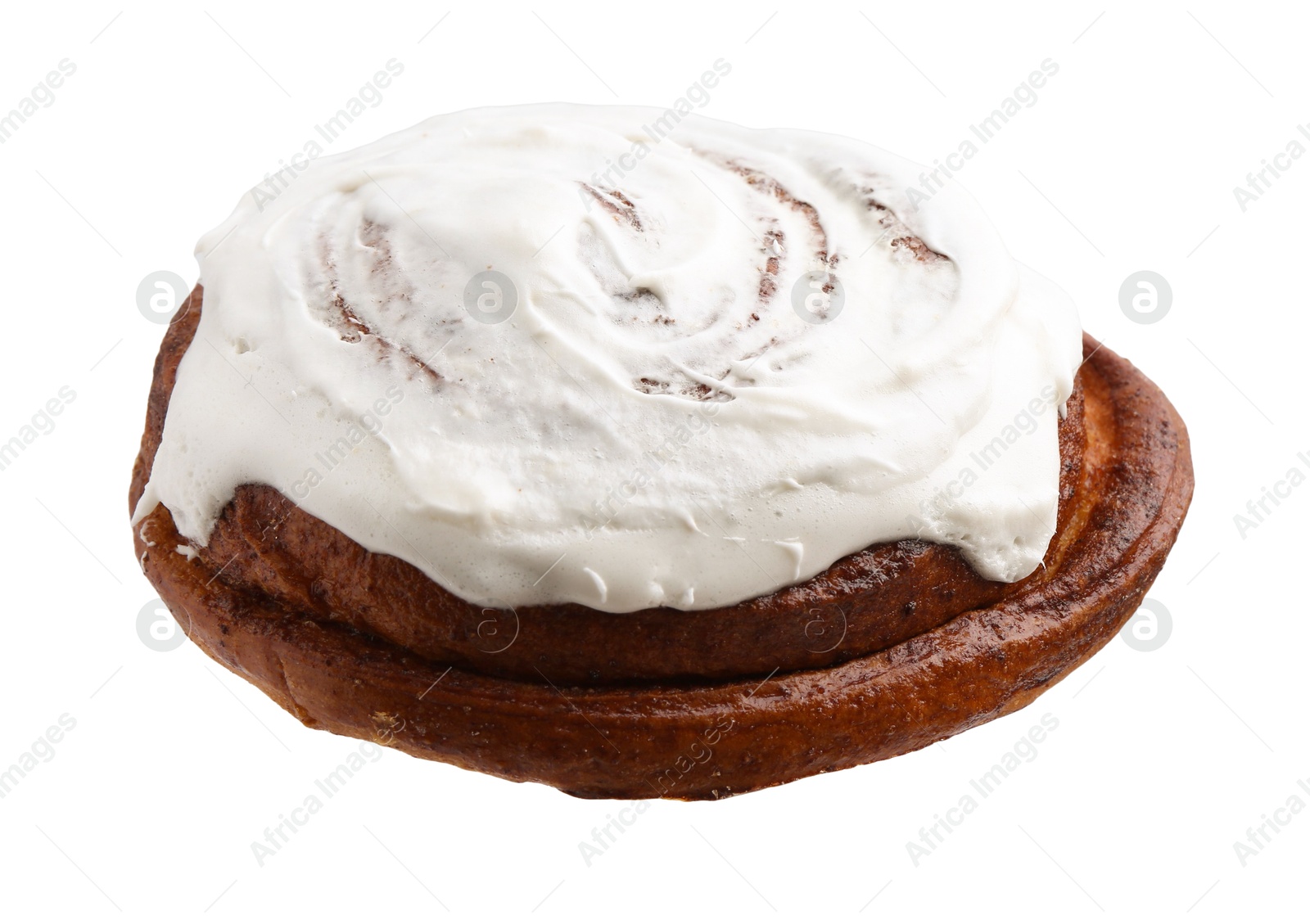 Photo of Tasty cinnamon roll with cream isolated on white