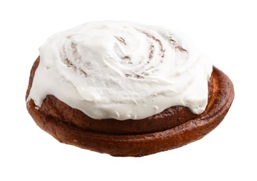 Photo of Tasty cinnamon roll with cream isolated on white