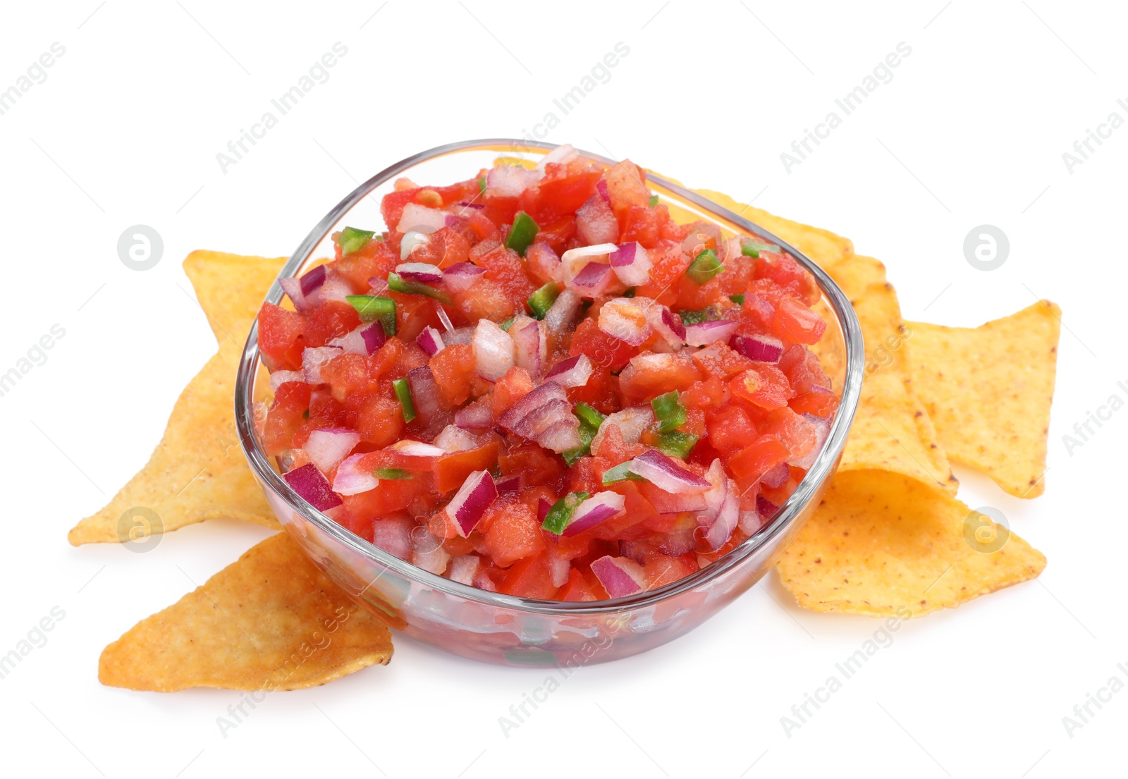 Photo of Delicious salsa in bowl and nacho chips isolated on white