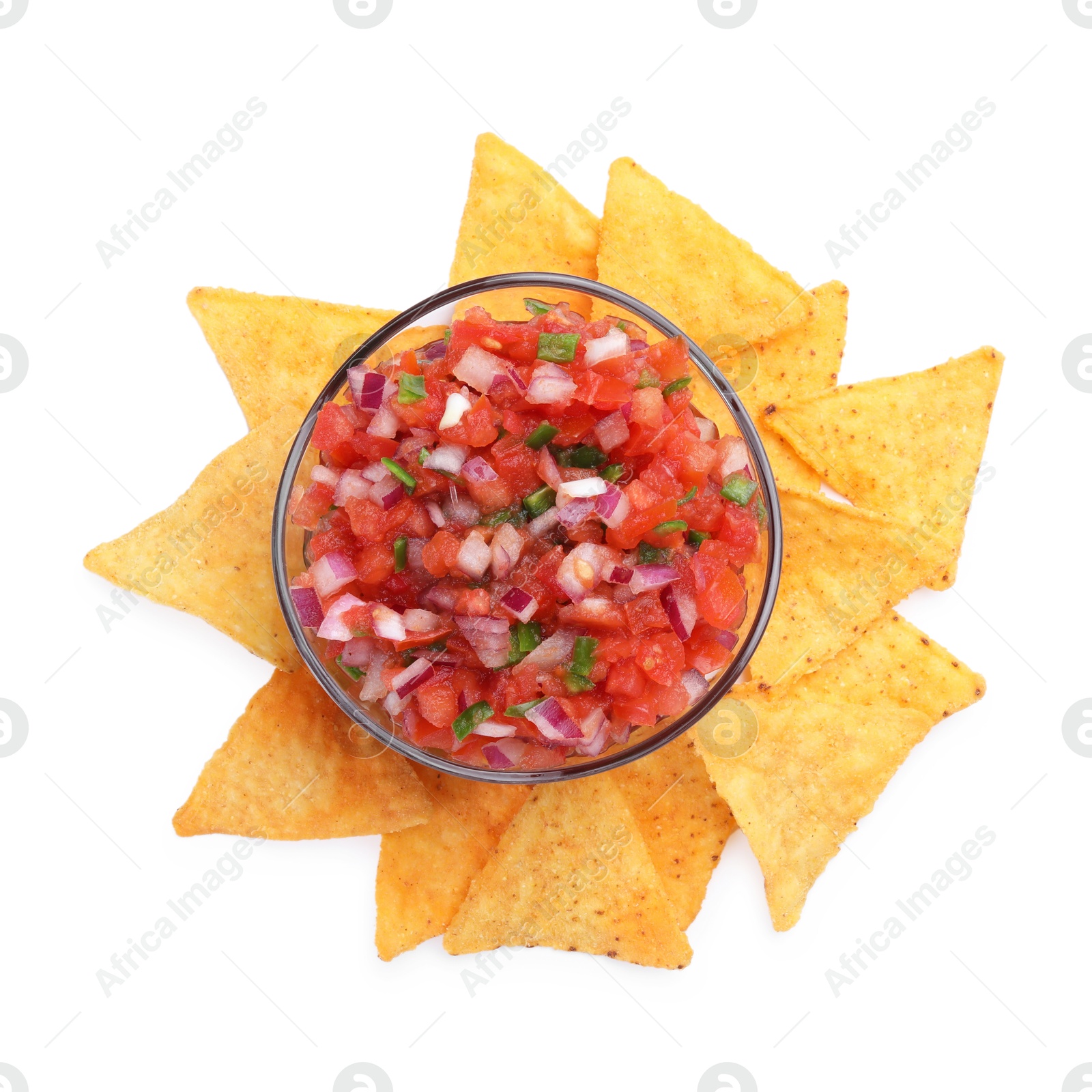 Photo of Delicious salsa in bowl and nacho chips isolated on white, top view