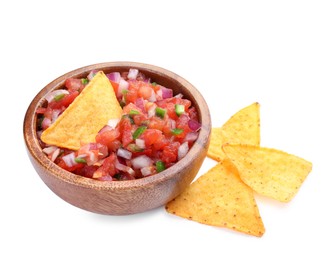 Photo of Delicious salsa in bowl and nacho chips isolated on white