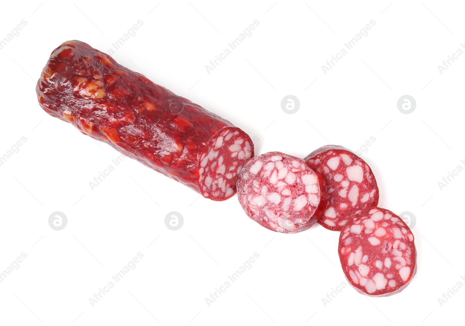 Photo of Delicious dry cured sausage isolated on white, top view