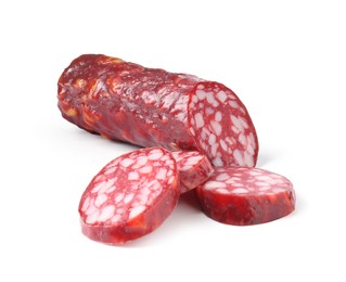 Photo of Delicious dry cured sausage isolated on white