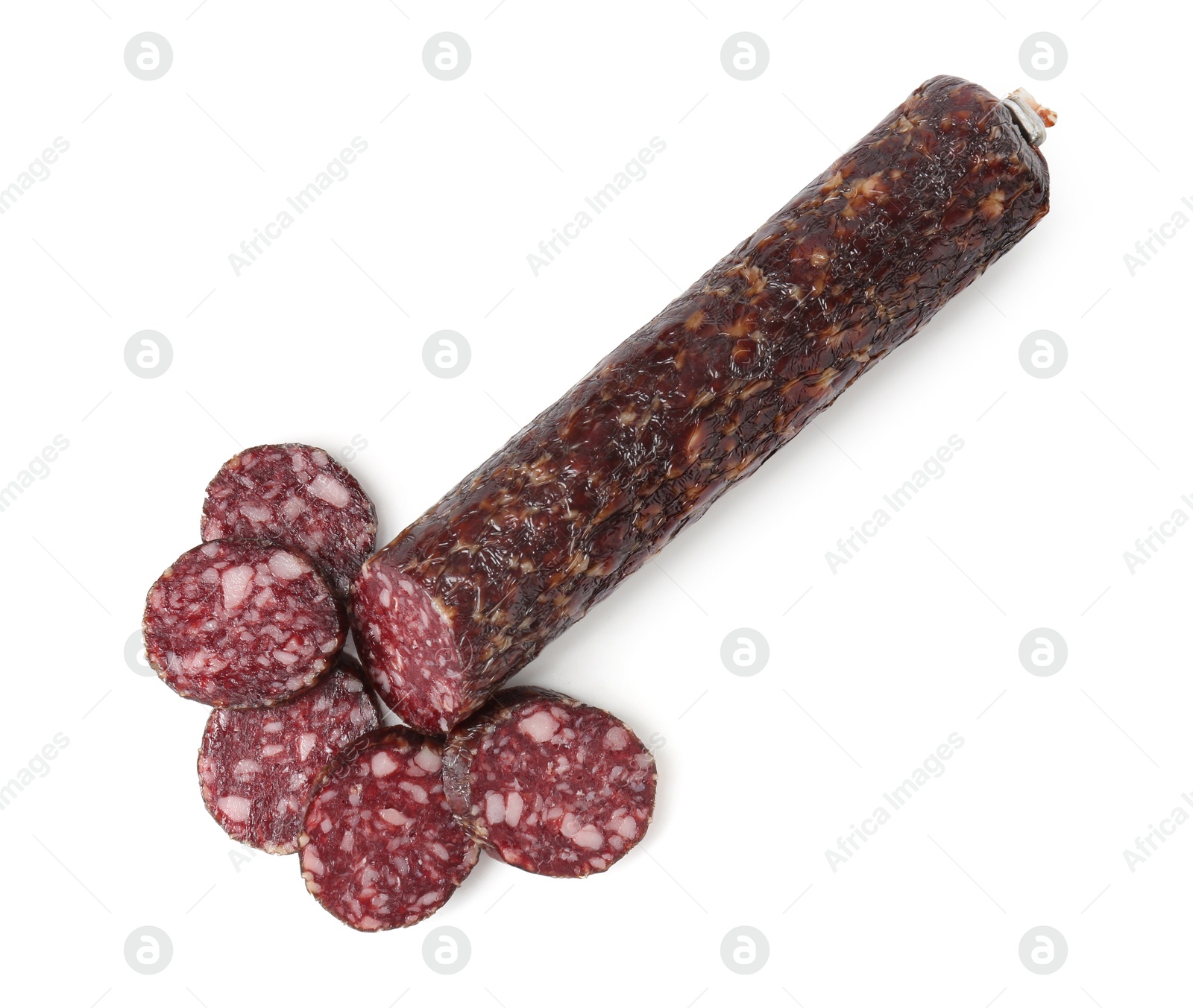 Photo of Delicious dry cured sausage isolated on white, top view