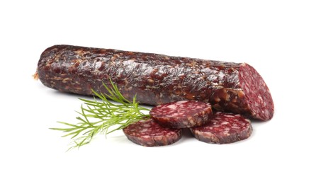 Photo of Delicious dry cured sausage and dill isolated on white