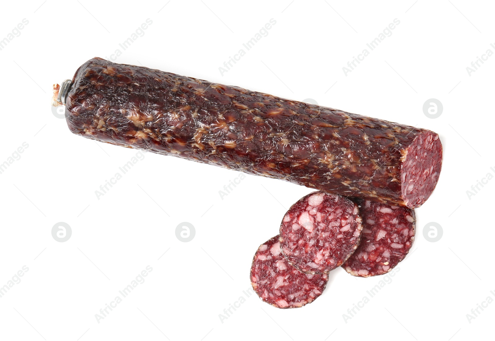 Photo of Delicious dry cured sausage isolated on white, top view