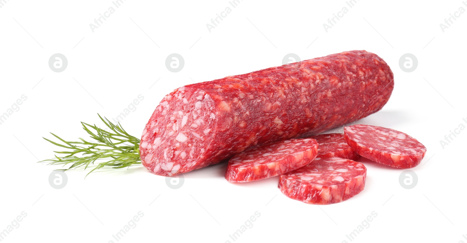 Photo of Delicious dry cured sausage and dill isolated on white