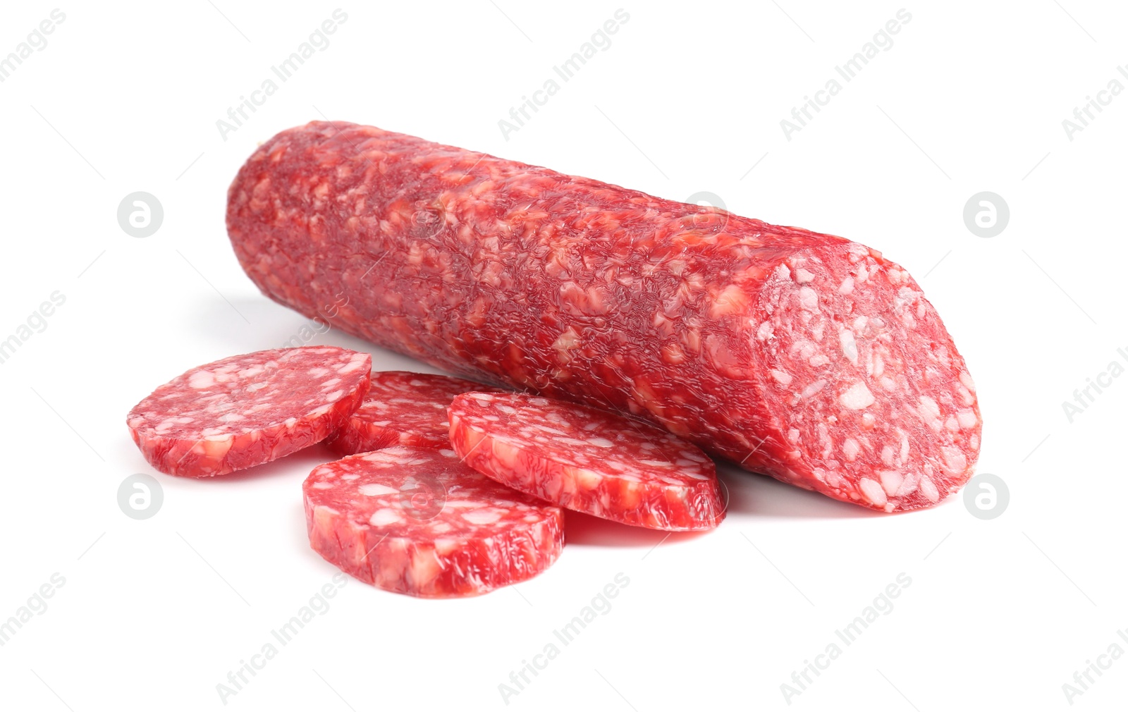 Photo of Delicious dry cured sausage isolated on white