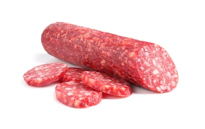 Photo of Delicious dry cured sausage isolated on white