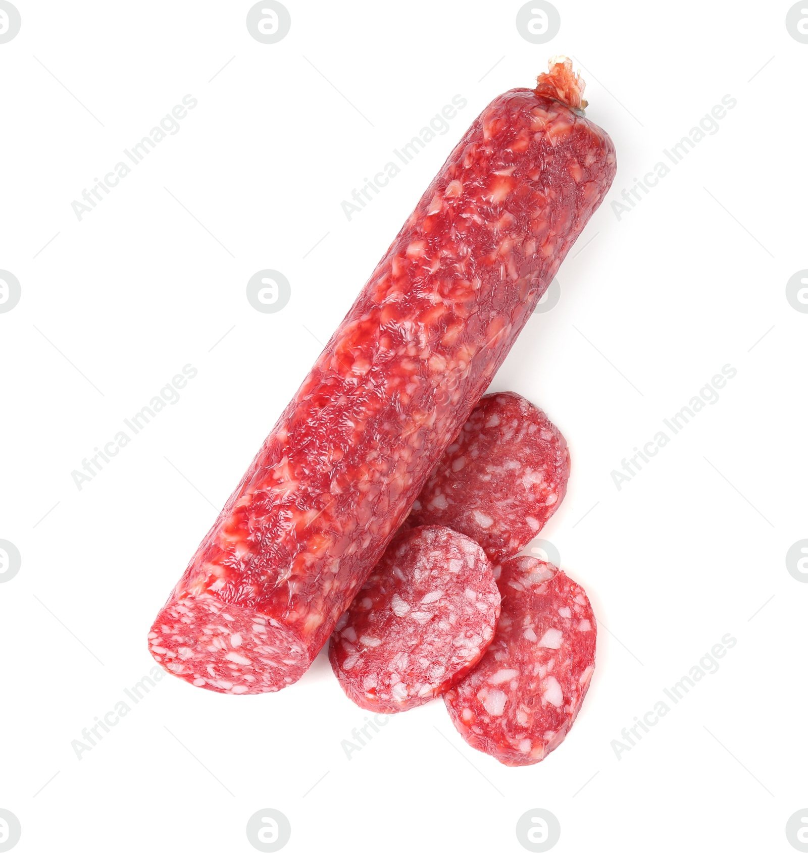 Photo of Delicious dry cured sausage isolated on white, top view