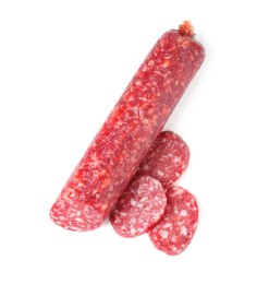 Photo of Delicious dry cured sausage isolated on white, top view