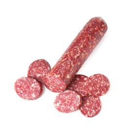 Photo of Delicious dry cured sausage isolated on white, top view