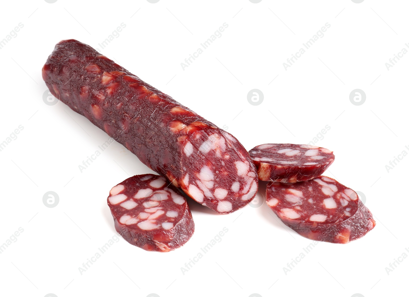 Photo of Delicious dry cured sausage isolated on white