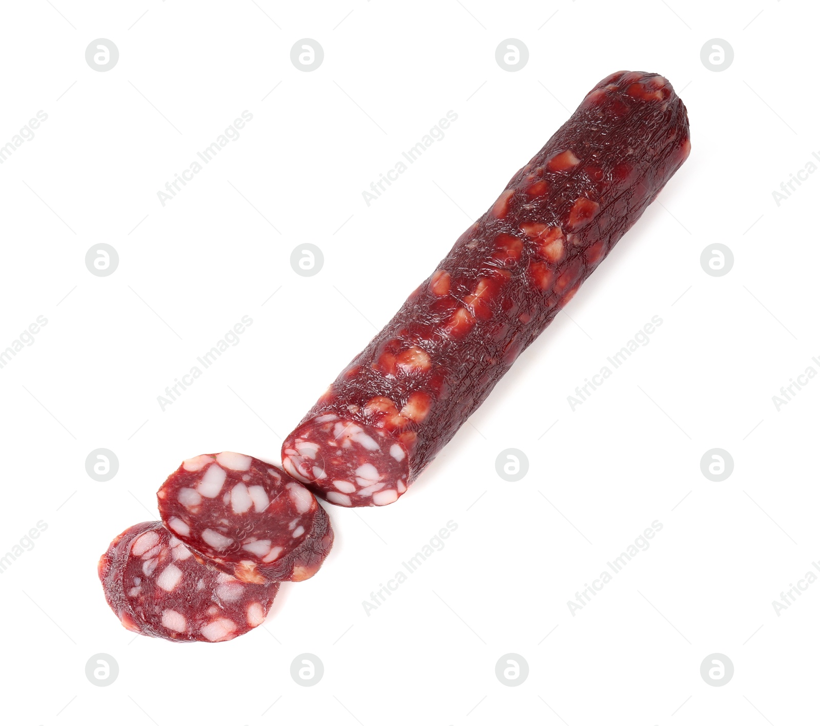 Photo of Delicious dry cured sausage isolated on white, top view