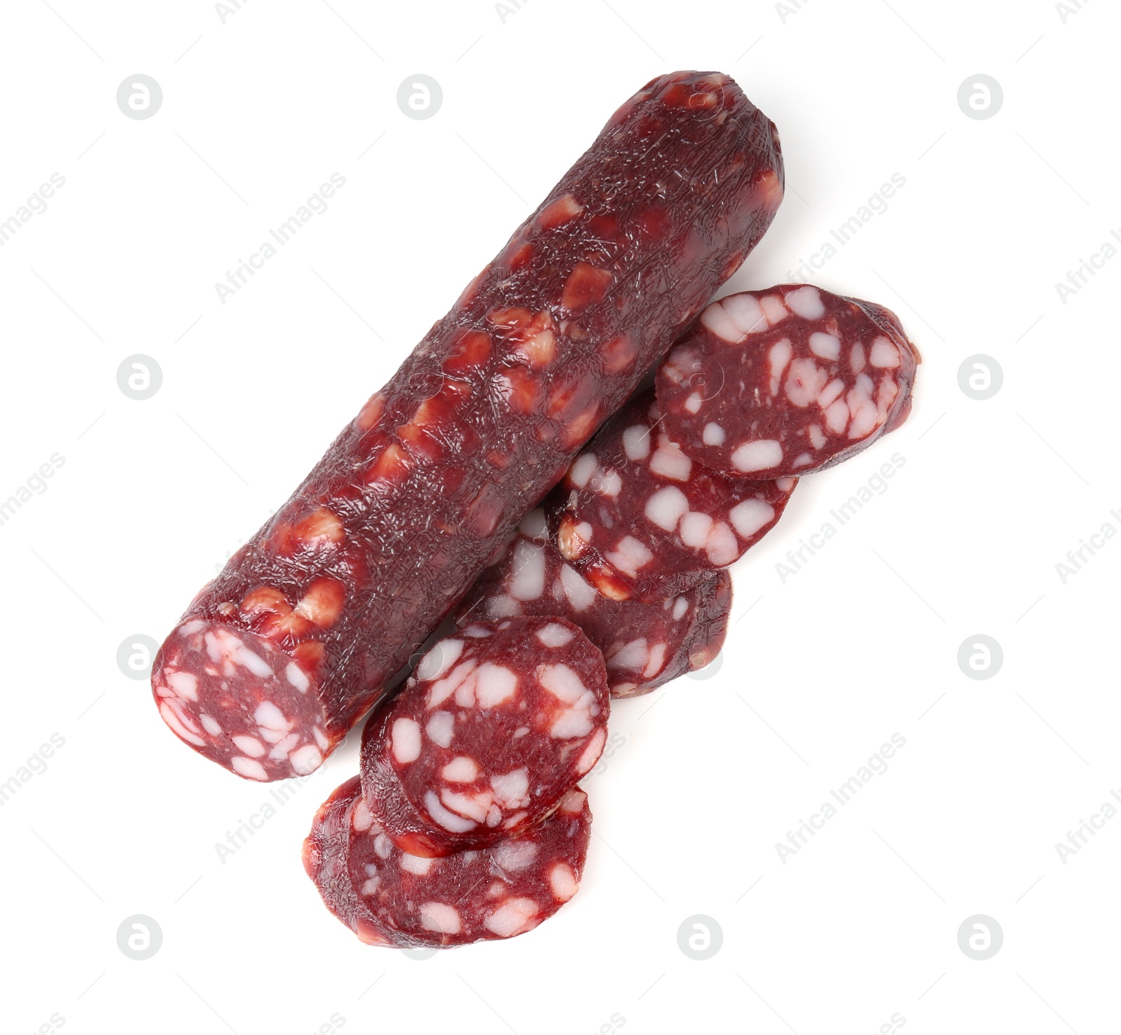 Photo of Delicious dry cured sausage isolated on white, top view