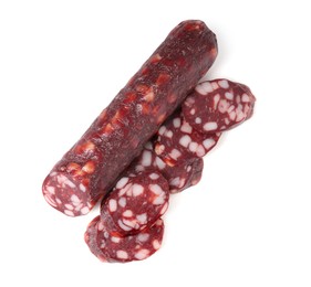 Photo of Delicious dry cured sausage isolated on white, top view