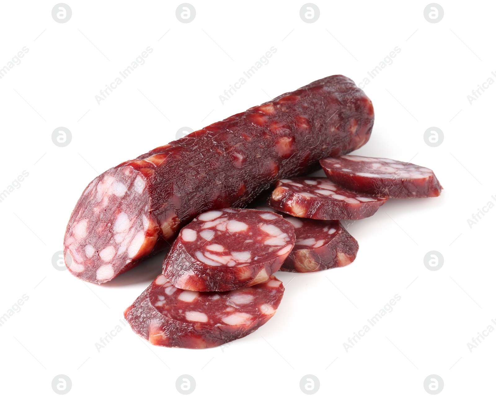 Photo of Delicious dry cured sausage isolated on white