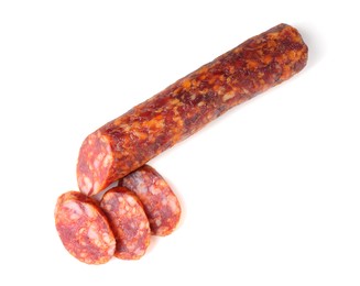 Photo of Delicious dry cured sausage isolated on white, top view