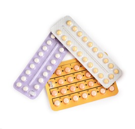 Photo of Blisters of contraceptive pills isolated on white, top view