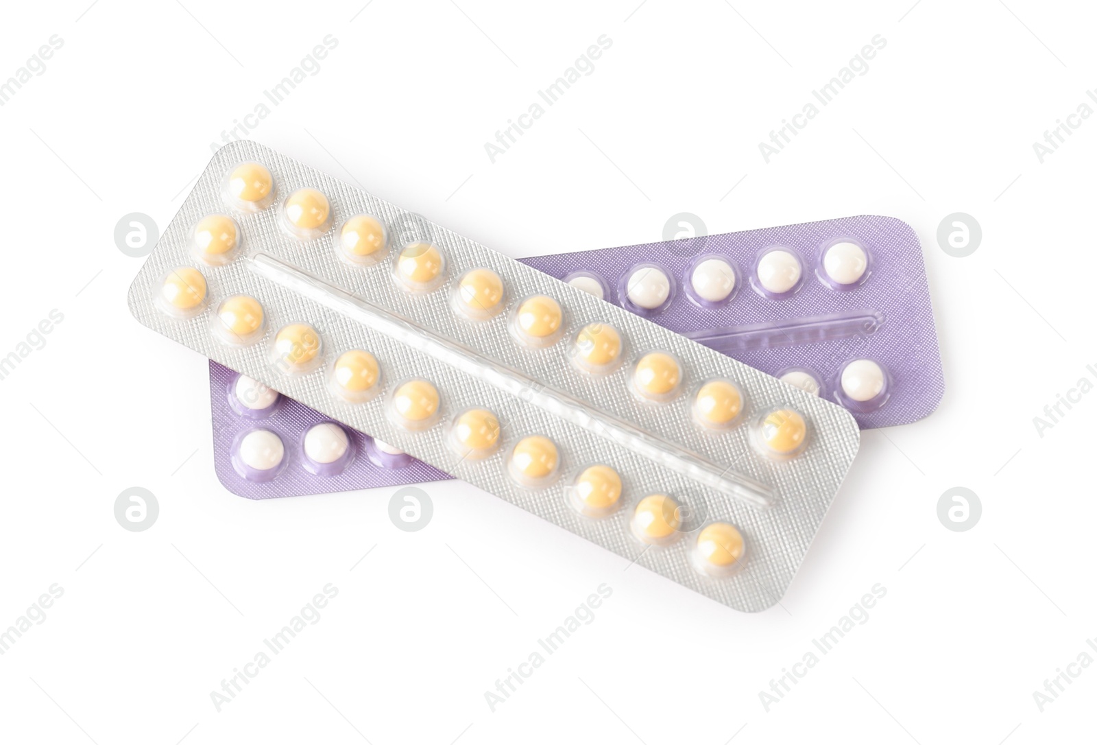 Photo of Blisters of contraceptive pills isolated on white, top view