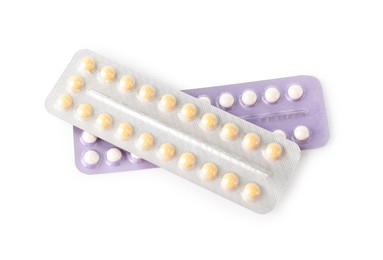 Photo of Blisters of contraceptive pills isolated on white, top view