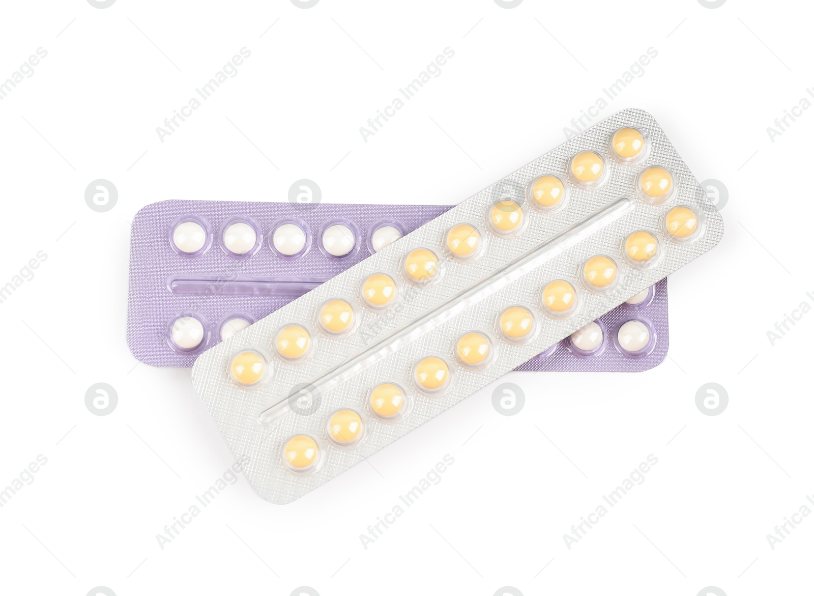 Photo of Blisters of contraceptive pills isolated on white, top view