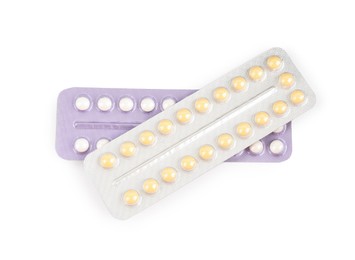 Photo of Blisters of contraceptive pills isolated on white, top view