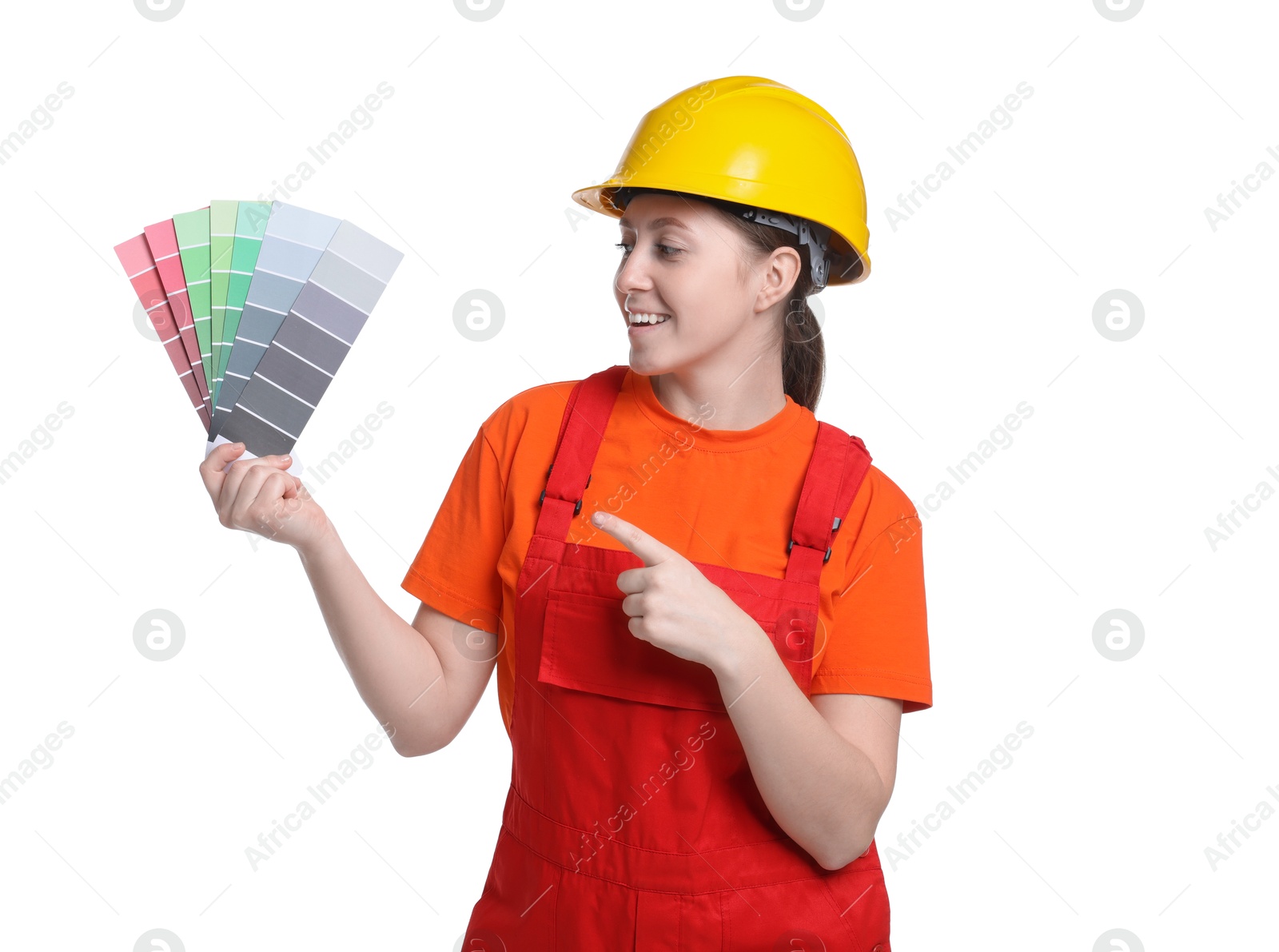 Photo of Professional painter with color selection chart on white background