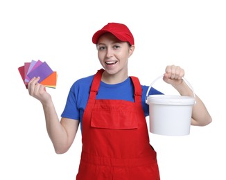 Professional painter with color samples and bucket of paint on white background