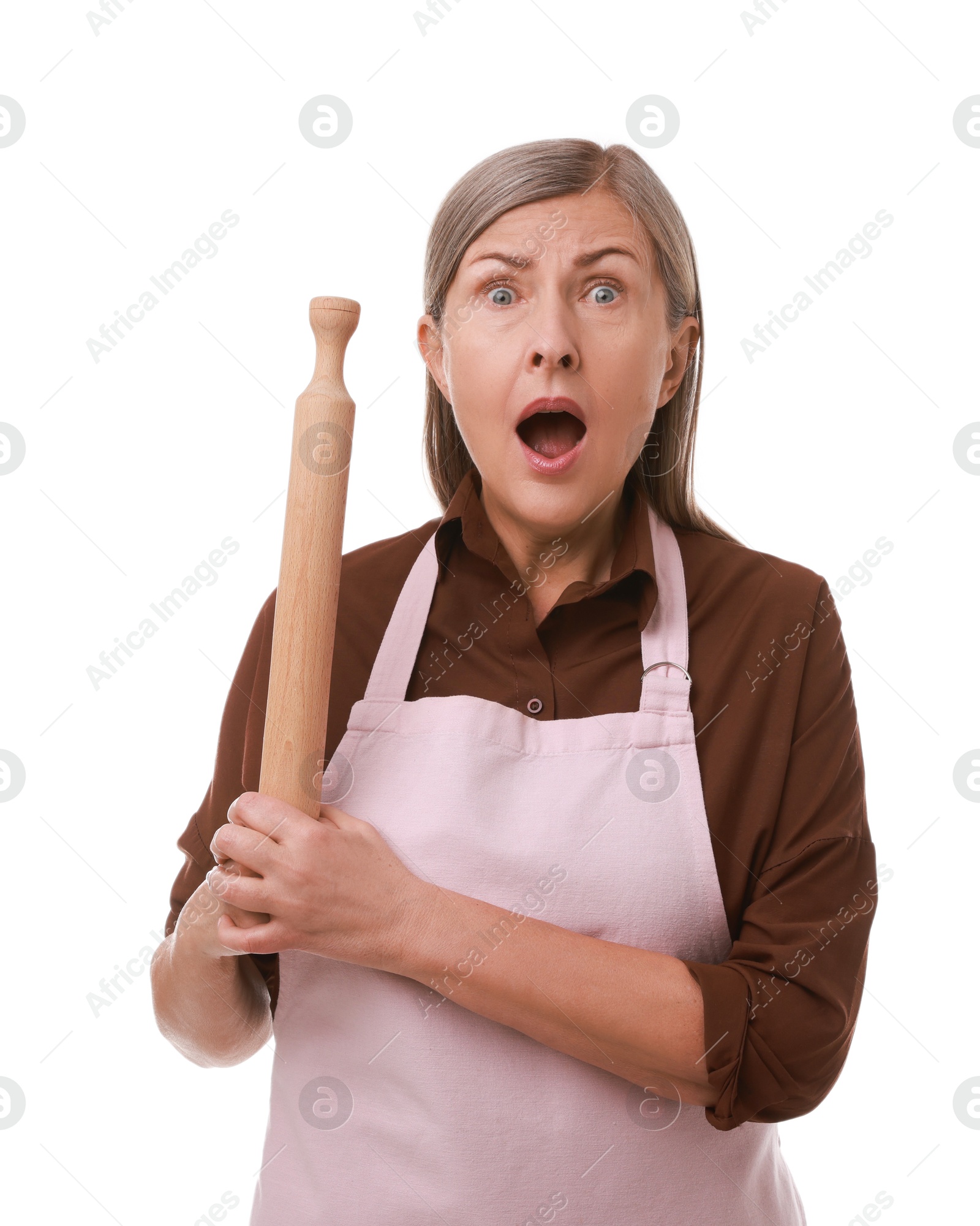 Photo of Surprised woman with rolling pin on white background