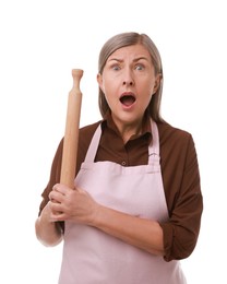 Photo of Surprised woman with rolling pin on white background