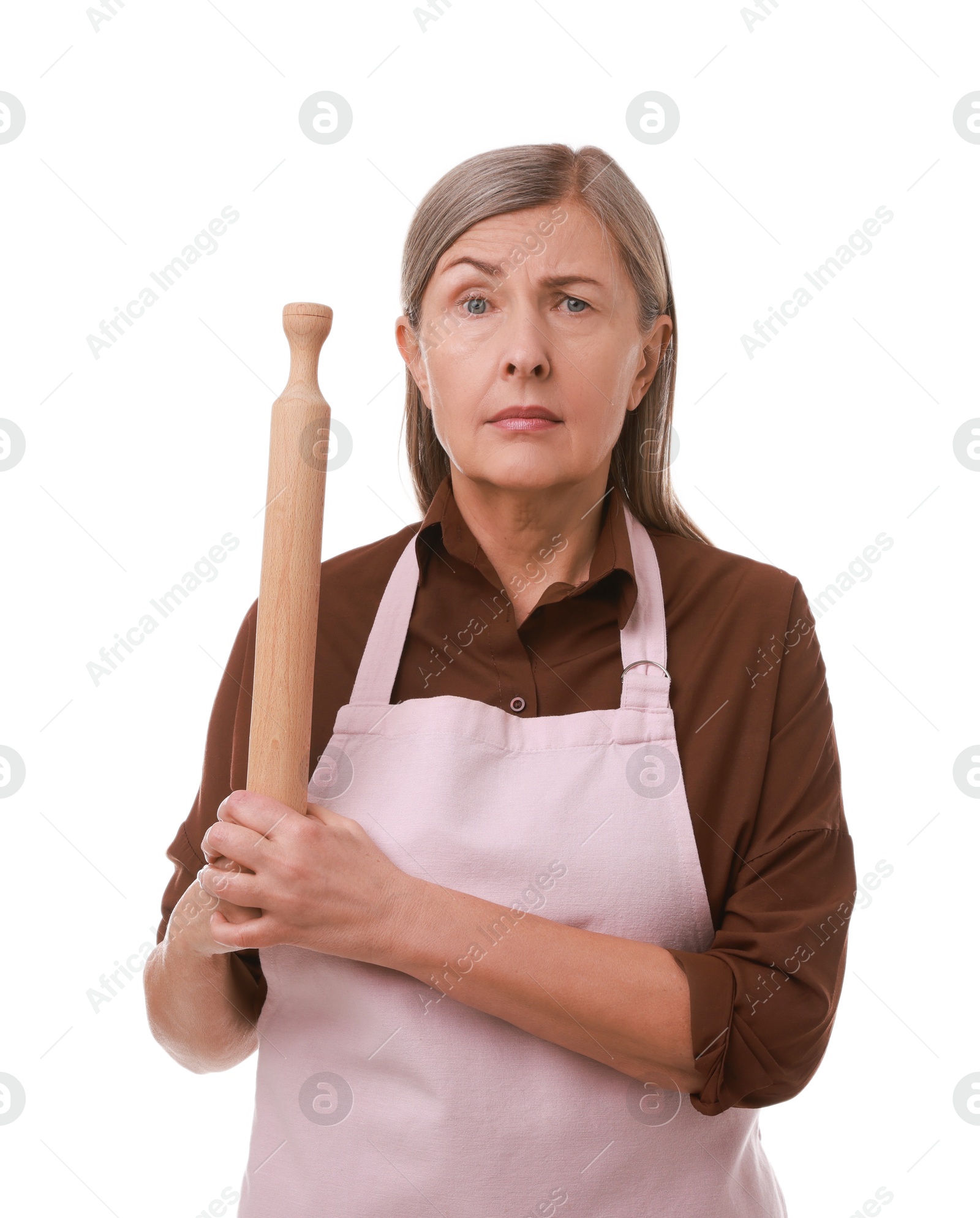 Photo of Woman with rolling pin on white background