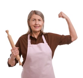 Photo of Woman with rolling pin on white background