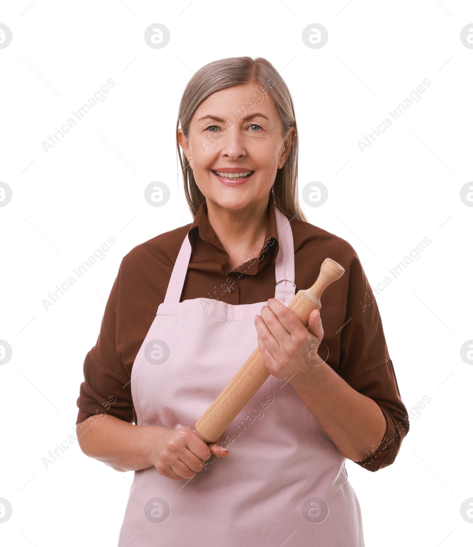 Photo of Happy woman with rolling pin on white background