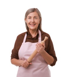 Photo of Happy woman with rolling pin on white background