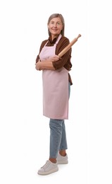 Photo of Happy woman with rolling pin on white background