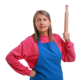 Photo of Angry woman with rolling pin on white background