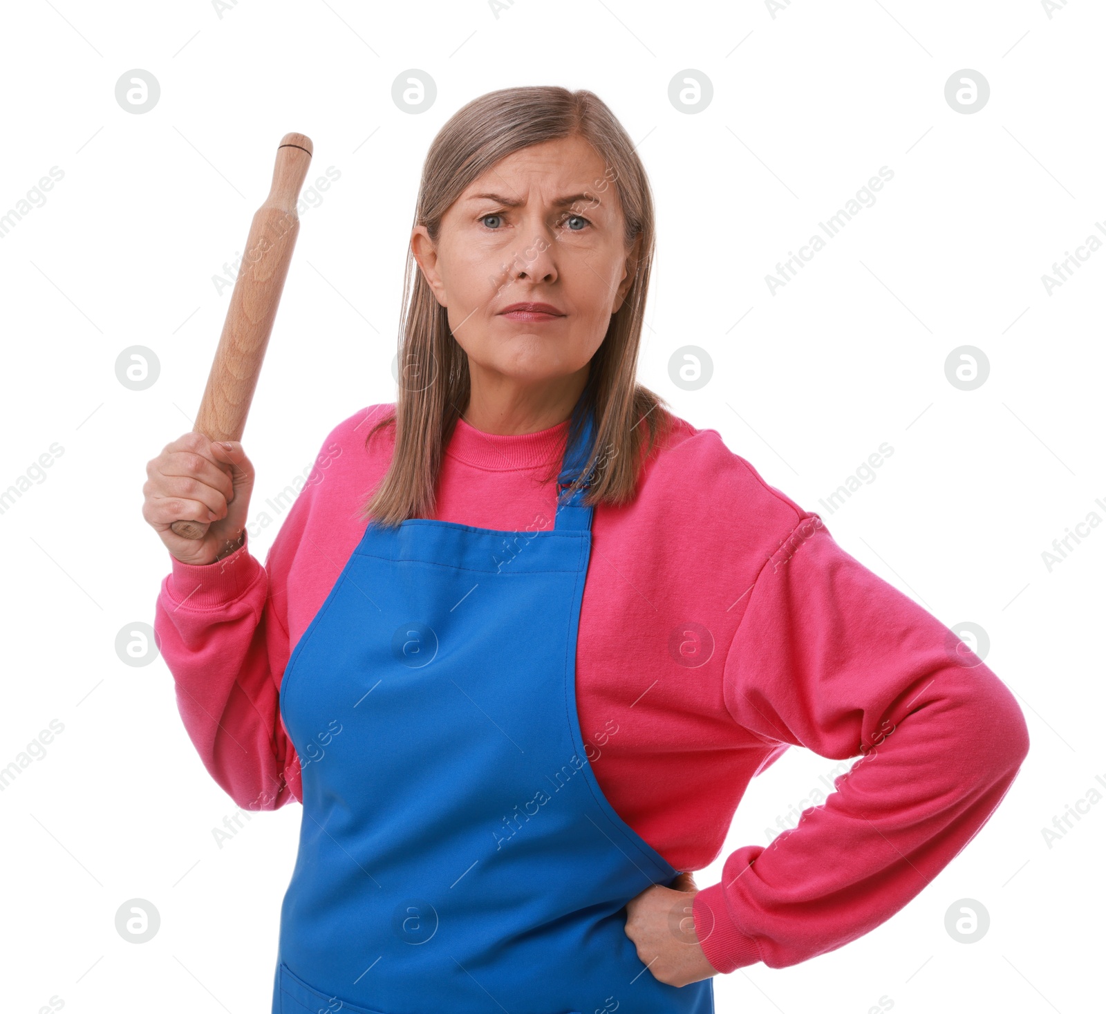 Photo of Angry woman with rolling pin on white background